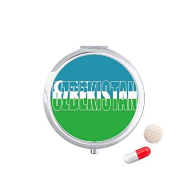 Imagem de Caixa de comprimidos com nome da bandeira do país do Uzbequistão, recipiente para armazenamento de medicamentos
