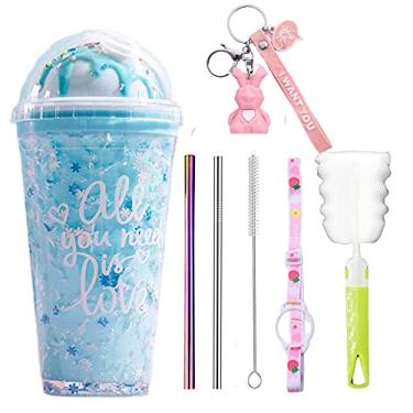 Imagem de seelucky Copo de viagem para sorvete com canudo para menina copo para beber congelador caneca gelada piquenique presente de festa de aniversário (azul sorvete, 450 ml)