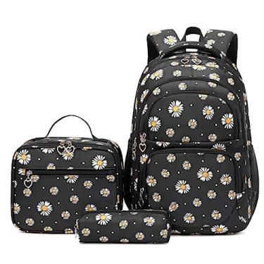 Imagem de Conjuntos de mochilas com estampas de margarida 3 peças para crianças mochila para escola primária mochila para estudantes do ensino fundamental para adolescentes (Preto)