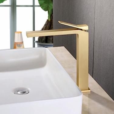 Imagem de Torneira de lavatório escova de ouro preto cromado torneira de lavatório fria e quente latão misturador torneira de pia torneira de água montada no convés, escova de ouro alto