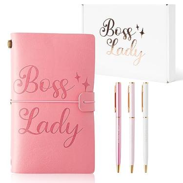 Imagem de B1ykin Conjunto de canetas para caderno de anotações de couro Boss Lady, papel pautado recarregável com caneta esferográfica, caderno de esboços, presentes de apreciação do mentor para escritório de aposentadoria de aniversário