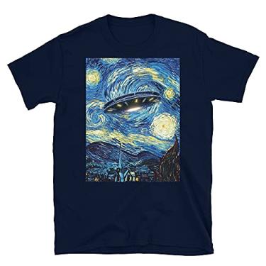 Imagem de UFO Alienígena Abduction Camiseta de manga curta com pintura de Van Gogh, Azul marino, G