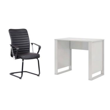 Imagem de Conjunto de Mesa Morada Branca com Cadeira de Escritório Interlocutor Fixa Oslo Preta