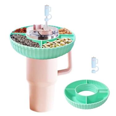 Imagem de HMTRADE Tigela de silicone para lanche Stanley Copo de 1,134 g com alça, bandeja de lanche com cobertura de canudo para copo, anel de lanche dividido reutilizável para acessórios Stanley Cup (verde A)