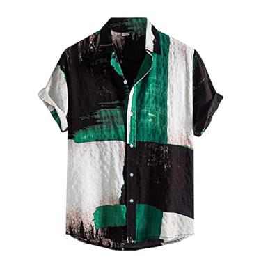 Imagem de ZHONKUI Camisa masculina casual elegante de algodão enrugado patchwork tie dye manga curta abotoada sem bolso, Verde, 3G
