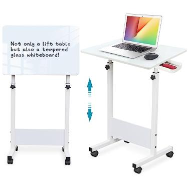 Imagem de KOUPA Mesa em pé com altura ajustável, mesa de vidro temperado para escrever com borracha, rotação de 360°, rodas – ideal para espaços pequenos e escritórios domésticos, 78,7 cm, branco (altura ajustável: 81 a 119 cm)