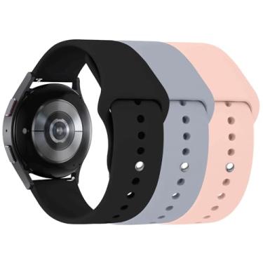 Imagem de Pacote com 3 pulseiras para Samsung Galaxy Watch 6/6 Classic Band 40 mm, 44 mm, 43 mm, 47 mm, Galaxy Watch 5/Galaxy Watch 4, pulseira esportiva de silicone macio de 20 mm para Amazfit GTS 4/3/2, preto/rosa/cinza