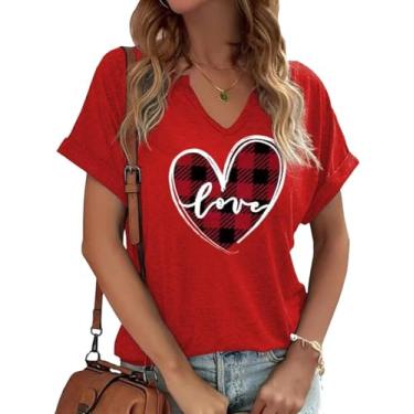Imagem de Earlymemb Camiseta feminina com estampa de coração e decote em V para o dia dos namorados para casal, casual, de manga curta, para presente, Vermelho A, G
