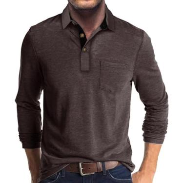 Imagem de Camisas polo casuais masculinas clássicas botão básico manga longa cor sólida camisetas de algodão elegantes tops, Café, 3G