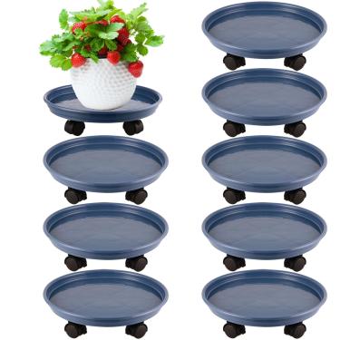 Imagem de 8 pacotes de suporte de plantas de plástico com rodas 30,5 cm suportes de plantas de rolamento de plástico para serviço pesado com rodízios, rodas de base de rolo de plantas internas e externas, azul