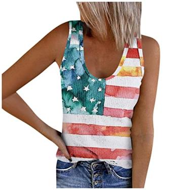 Imagem de Camiseta feminina com bandeira americana Dia da Independência sem mangas, gola V, camiseta casual de malha para o verão, Vermelho, PP