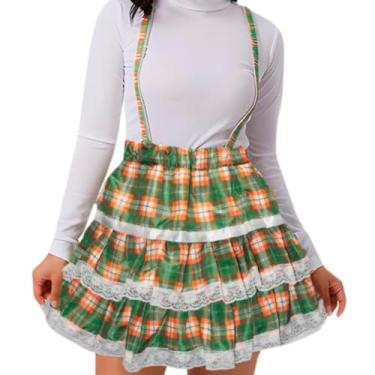 Imagem de Saia Festa Junina Xadrez Com Suspensório Jardineira Salopete de Luxo Adulta Feminina (BR, Alfa, GG, Regular, Regular, Verde)