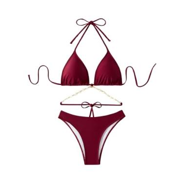 Imagem de BEAUDRM Biquíni feminino de 2 peças para decoração de concha frente única, conjunto triangular, biquíni de corte alto, Vermelho, PP