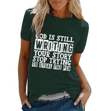 Imagem de Camiseta feminina com estampa de letras, gola redonda, casual, manga curta, caimento solto, confortável, Bronze, P