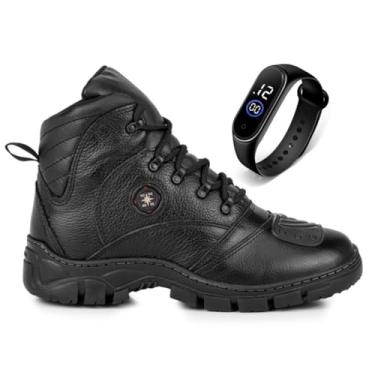 Imagem de Bota Masculina de Couro Preto Cano Curto, Estilo Motociclista, Com Relógio (Preto, BR, Adulto, Numérico, 46)