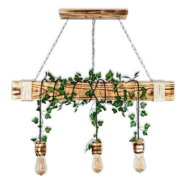 Imagem de Luminária Pendente De Madeira Rústica 3 Bocais Barril + Hera