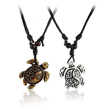 Imagem de 2 colares com pingente de tartaruga marinha esculpida em osso artificial - Colar de medalhão de tartaruga Yin Yang - Amuleto de mascote da sorte de animal havaiano para mulheres e homens, Metal, osso