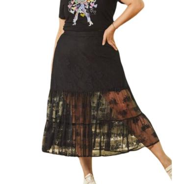 Imagem de Saia Midi Social Tule Rendada Forrada Preta Plus Size Tam 48 Melise Savannah