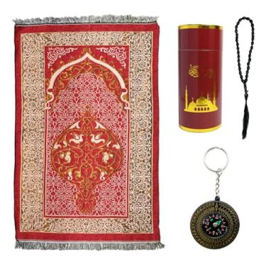 Imagem de Kellegour Tapete de oração muçulmano com contas de oração, tapete de oração islâmica macio, tapete de oração, tapete de oração muçulmano e contas de oração, com caixa de presente cilíndrica elegante e