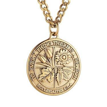 Imagem de HZMAN Colar de moedas masculino de aço inoxidável com pingente retrô Eclesiastes versículo bíblico redondo medalha colar joia presente, 3.7 cm x 3.7 cm (1.45 inch x 1.45 inch), Aço inoxidável, Sem