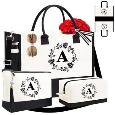 Imagem de Sacola Adyoung monograma monograma, 3 peças, monograma, inicial, personalizada, para mulheres, presente de aniversário, sacola de lona, Branco, 17.1 inches x 6.7 inches x 13.1 inches
