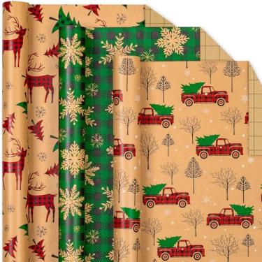 Imagem de Yarcony Papel de embrulho de Natal Kraft - 43 x 300 cm por rolo (3 rolos) - Papel de embrulho xadrez de Natal vintage, caminhão vermelho clássico, papel de embrulho grosso para presente de veado e