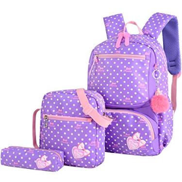 Imagem de 3 pçs/conjunto Mochilas escolares com impressão de pontos Mochilas Mochilas para crianças Mochilas adoráveis ​​para crianças (roxo)