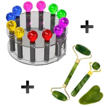 Imagem de Esferas De Cromoterapia C/ Rack + Rolo E Gua Sha Jade Verde - Vctec