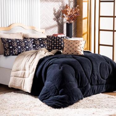 Imagem de Kit Coberdrom Cobertor CASAL PADRÃO 05 Peças Golden Love Preto com Almofadas Estampadas - Dupla Face Edredom Manta e Sherpa Colorida Bege Lã de Carneiro Toque Macio Quente Grosso