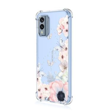 Imagem de RRXSYXL Capa para Nokia G21 Nokia G11 capa de telefone fofa rosa transparente estampa estética design macio TPU protetor feminino menina capa de telefone para Nokia G21 (flores rosa/borboletas)