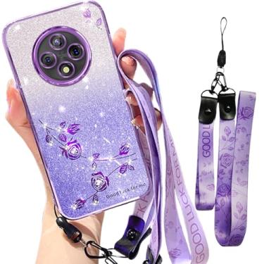 Imagem de Fofvccv Capa para Xiaomi Redmi 14C 4G com glitter com alça transversal para mulheres e meninas, brilhante brilhante TPU macio à prova de choque capa floral flor capa para Redmi 14C 4G/14R YSS roxo
