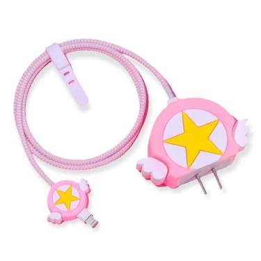 Imagem de AUGEN Capa protetora com desenho 3D de cloreto de polivinila para carregador adaptador de energia USB-C de 20 W, capa de cabo de dados Lightning de desenho fofo para carregador de iPhone (estrela