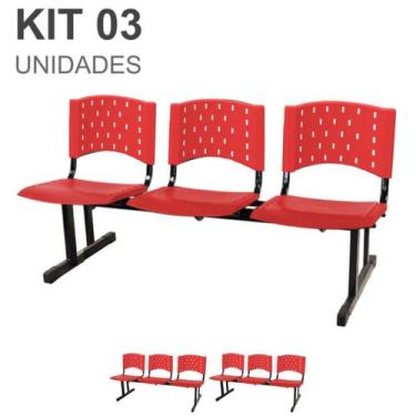 Imagem de Kit 03 Cadeiras longarinas PLÁSTICAS 03 Lugares para recepção Cor VERM