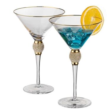 Imagem de 2 peças de copos de martini de cristal de haste transparente premium com aro dourado e strass, elegante conjunto de copos de 290 ml para Cosmopolitan, vodka, gin e outros coquetéis, talheres