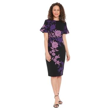 Imagem de London Times Vestido feminino com gola joia, manga esvoaçante, elegante, elegante, elegante, comprimento midi, Preto/Orquídea Haze, 40