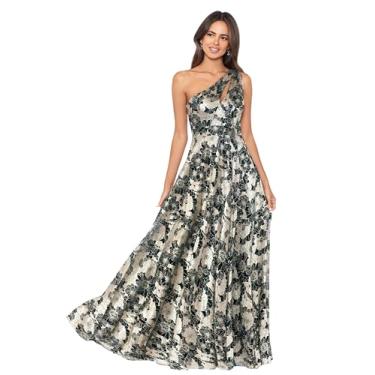 Imagem de Betsy & Adam Vestido feminino longo sem mangas com estampa metálica de um ombro só, Verde/dourado, 46