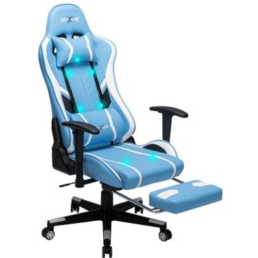 Imagem de Douxlife Cadeira de jogos de massagem de 7 pontos, cadeira de escritório com apoio para os pés e apoio lombar, altura do assento ajustável ergonômica, almofadas espessas e alargadas, azul claro