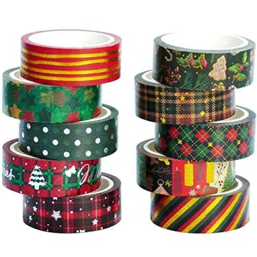 Imagem de YUBX Conjunto de fita Washi de Natal com 10 rolos vintage enfeite de ouro preto básico, fitas adesivas decorativas prateadas para artes, artesanato DIY, diários, agendas, scrapbook, embrulho (X'Mas