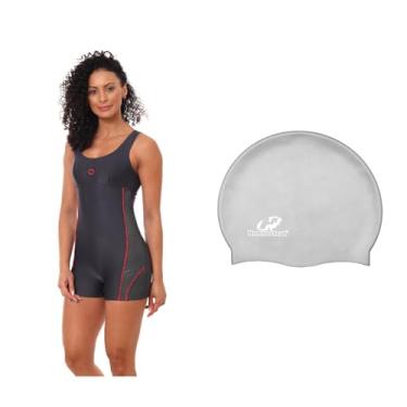 Imagem de Kit Macaquinho Feminino Natação e Touca De Silicone Grande (Grafite - Touca Prata, G)