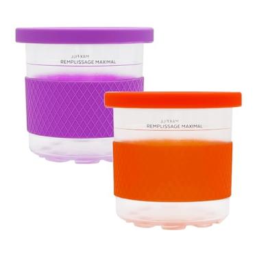 Imagem de Pacote com 2 tampas de gel de sílica com manga, compatível com as máquinas de sorvete Ninja NC301, NC300, NC290, NC299AMZ, CN305A e CN301CO Series, pinta Ninja genuína, tampas coloridas (laranja/roxo)