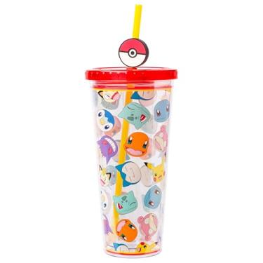 Imagem de Silver Buffalo Pokemon com Bulbasaur, Squirtle, Charmander, Snorlax, Meowth, Pikachu, Slowpoke e Piplup Copo frio de plástico com tampa e topo de palha, 680 g