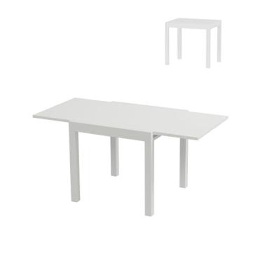 Imagem de Conjunto de mesa de jantar extensível de alumínio de 78,7 a 160 cm para 4 a 6 pessoas, mesa de pátio expansível com padrão de madeira para quintal, deck, branco