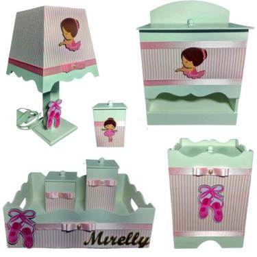 Imagem de Kit Higiene bebê Mdf menina 7 pçs - BAILARINA ROSA LISTRADO - Flores p