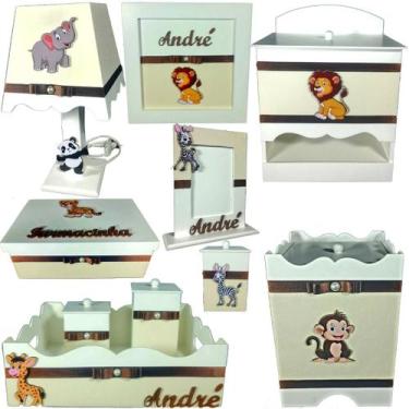 Imagem de Kit Higiene bebê Mdf 10 peças - SAFARI BRANCO COM PALHA - Flores para 