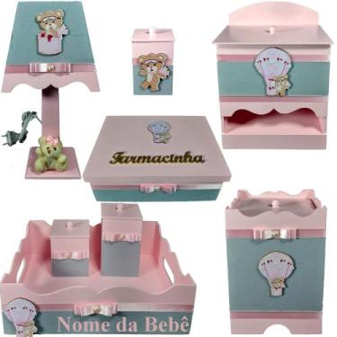 Imagem de Kit farmacinha de bebê Mdf menina - Ursinha balão rosa e cinza - Flore