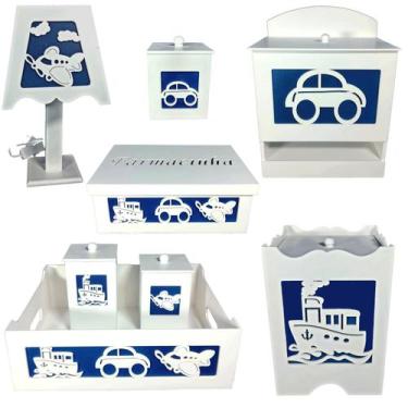 Imagem de kit higiene bebe mdf decorado 8pçs - TRANSPORTE AZUL MARINHO - Flores 