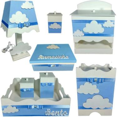 Imagem de Kit Higiene bebê Mdf farmacinha 8 pçs - NUVEM AZUL BB - Flores para Ma