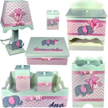 Imagem de Kit farmacinha Higiene bebê Mdf 8 pçs - CHEVRON ROSA COM ELEFANTE ROSA