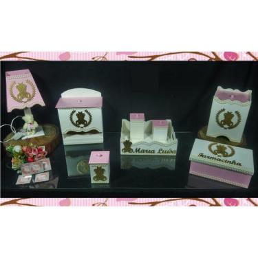 Imagem de Kit Higiene bebê Mdf 8 peças branco e rosa com perolas ursinha - Flore