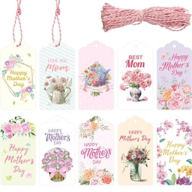 Imagem de Etiquetas de presente de papel para Dia das Mães 80 peças Etiquetas para pendurar Feliz Dia das Mães Floral Melhor Mãe com Fios para Artesanato Faça Você Mesmo Embrulho de Presente de Festa
